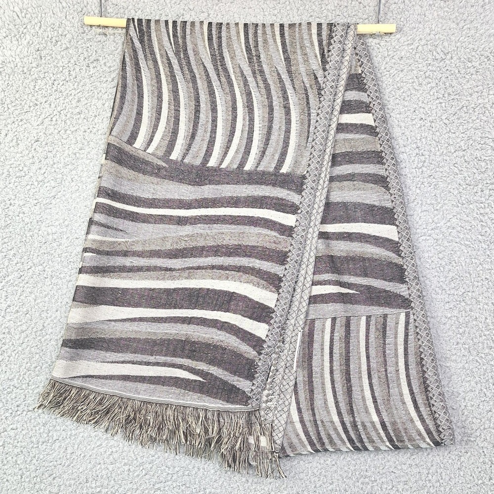 in-things Scarf Womens One Size Black‎ Gray Zebra Print 100% Silk Fringe Wrap